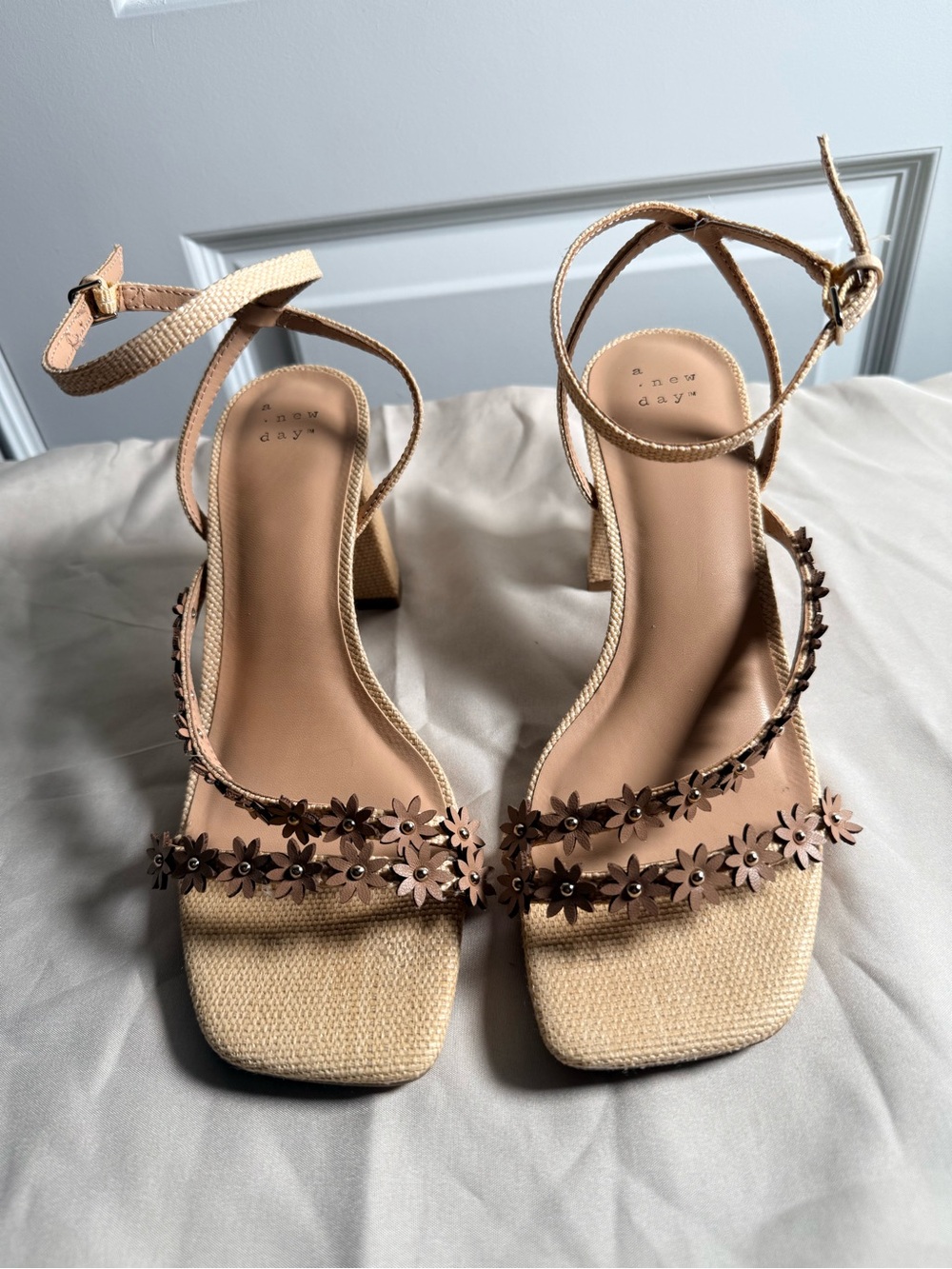 Women's a new day Beige Floral Strap Block Heel Sandals